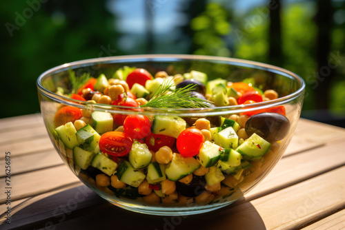 Vegan chickpea salad with cucumbers  tomatoes  and olives  dressed in olive oil and lemon  in a glass bowl  on an outdoor table