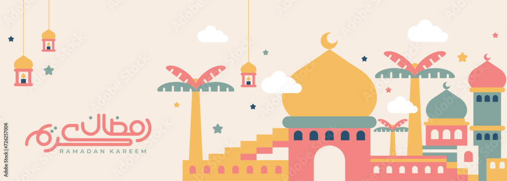 Islamic Ramadan Kareem banner design geometric and colorful style. Features images of mosques, moons and domes. Minimalist illustration. - obrazy, fototapety, plakaty 