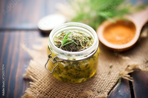 green tea scrub in a jar, fresh tea leaves scattered around