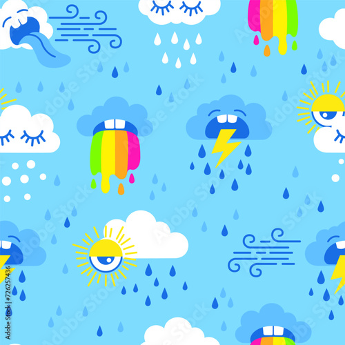 Vibrant seamless pattern. Vector hand drawn illustration. Set of weather elements in a flat cartoon style on blue background