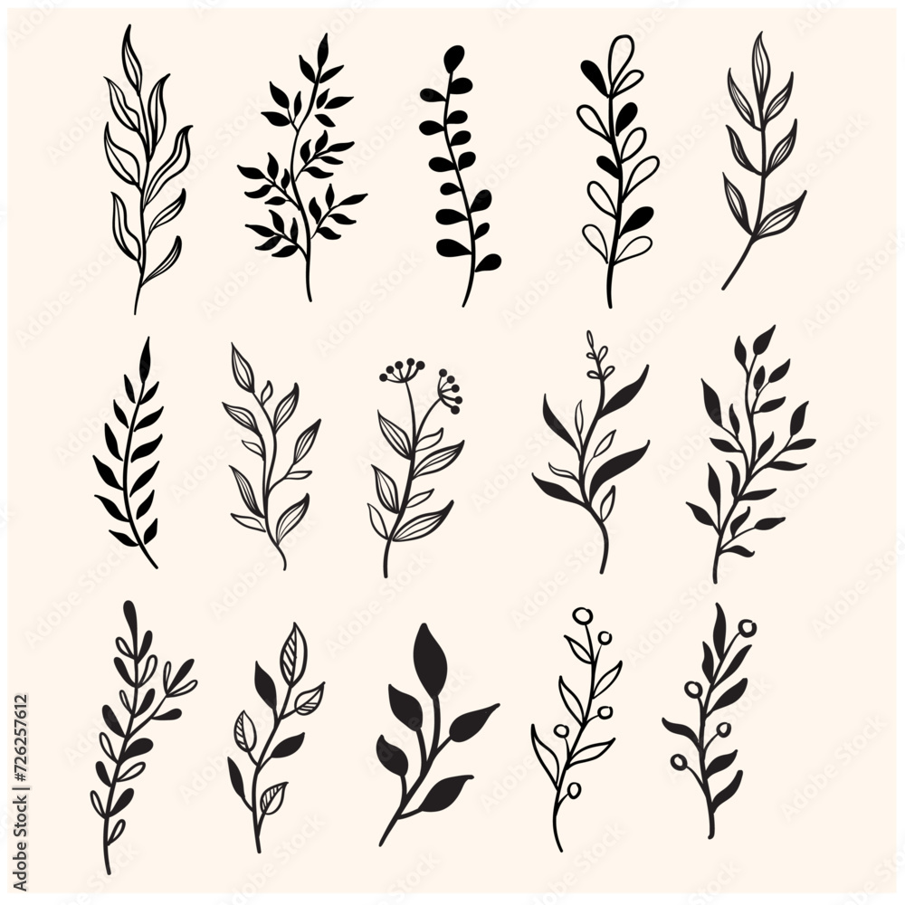 Leaf branch wreath rustic set. Illustration doodle and line art Leaf branch wreath rustic set. Illustration doodle and line art