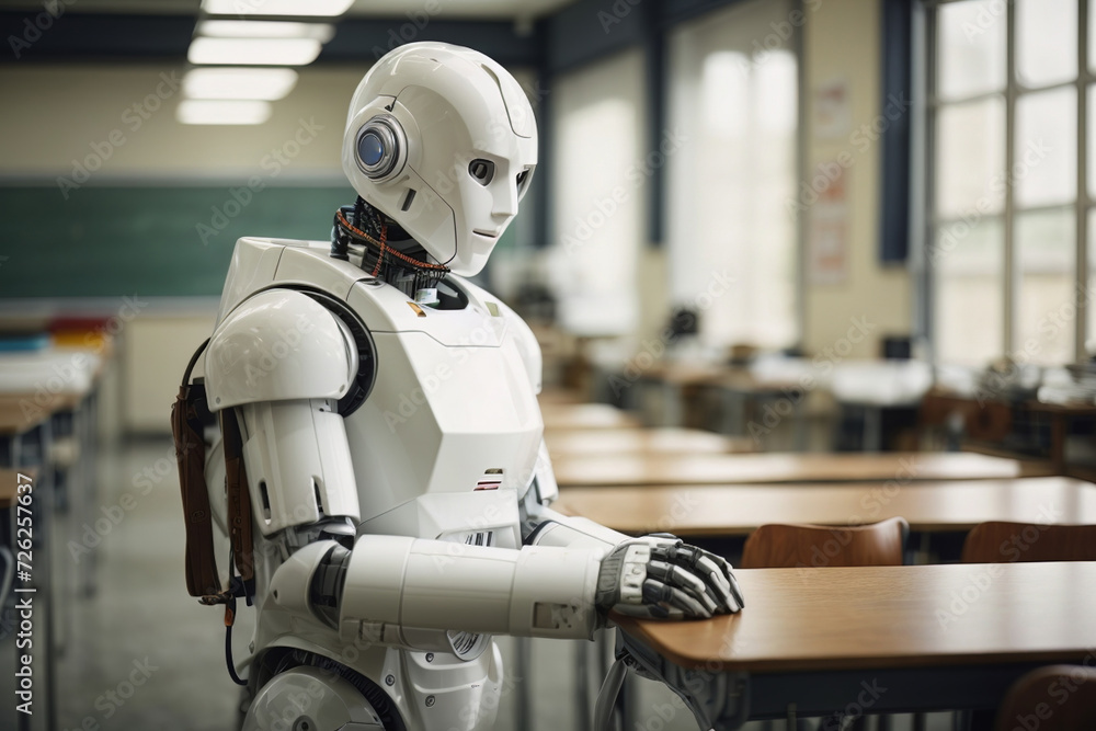 White Robot teacher in classroom. The concept of education, reading thinking robots, integration of robots into people's daily lives, interaction between people and robots. AI generated