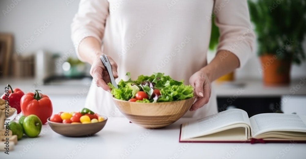Engaged in discovering healthy recipes in a sunny kitchen. Engaged in discovering healthy recipes in a sunny kitchen.