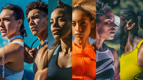 Close-up of people of different genders, races, and cultures engaging in outdoor sports