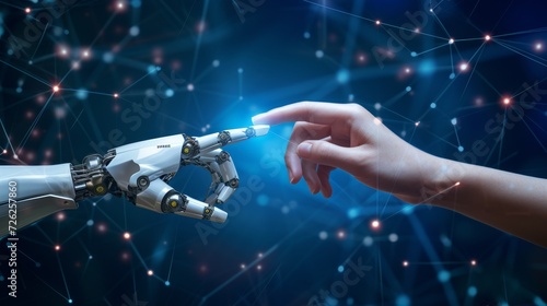 Robot and human hand, touching in AI and big data environment