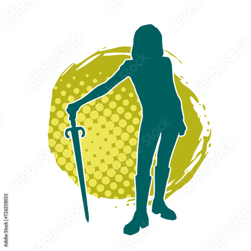 Silhouette of a female fighter in action pose carrying sword weapon.
