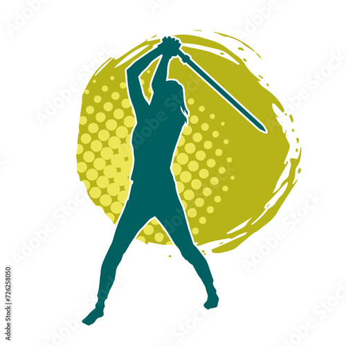 Silhouette of a female fighter in action pose carrying sword weapon.