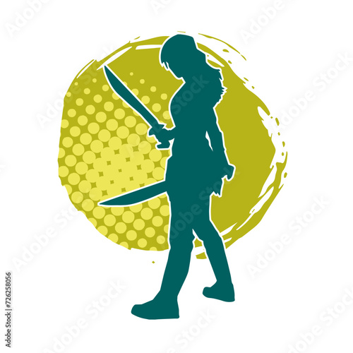 Silhouette of a female fighter in action pose carrying sword weapon.