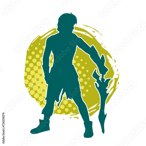 Silhouette of a male warrior in action pose with sword weapon. Silhouette of a man fighter carrying sword weapon.