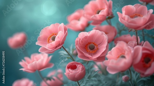 Gently pink flowers of anemones outdoors in summer spring close-up on turquoise background with soft selective focus.