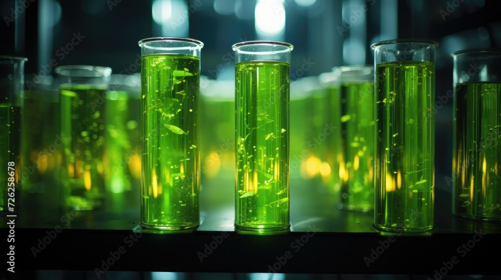Green liquid in test tubes. Generative AI.