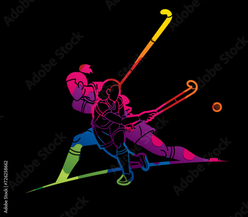 Field Hockey Sport Female Players Mix Action Cartoon Graphic Vector