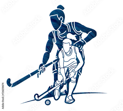 Field Hockey Sport Female Players Mix Action Cartoon Graphic Vector