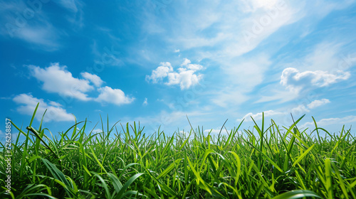 Green grass and blue sky nature background