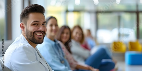 Smiling man in foreground with a group of people in a modern office setting. casual business attire, collaborative environment. lifestyle image for corporate use. AI