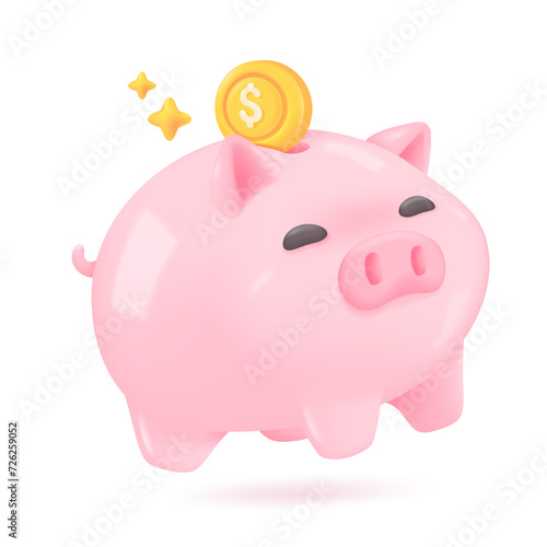 3D piggy bank. Gold coins dropped into the piggy bank. Ideas for saving money safely for future growth