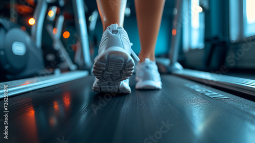 Close-up of a woman's feet on the treadmill, training in the gym, or at home, generative ai © Chaman