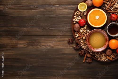 Chinese new year food and drink still life on rustic wooden background flat lay. Copy space
