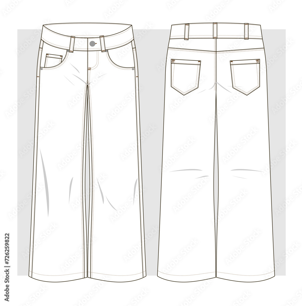 Wide-leg jeans with a low waist. Technical sketch. Vector illustration. Wide-leg jeans with a low waist. Technical sketch. Vector illustration.