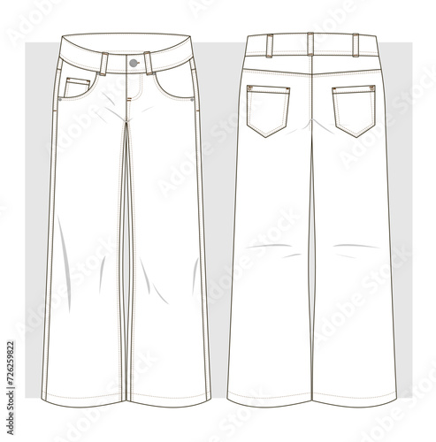 Wide-leg jeans with a low waist. Technical sketch. Vector illustration.