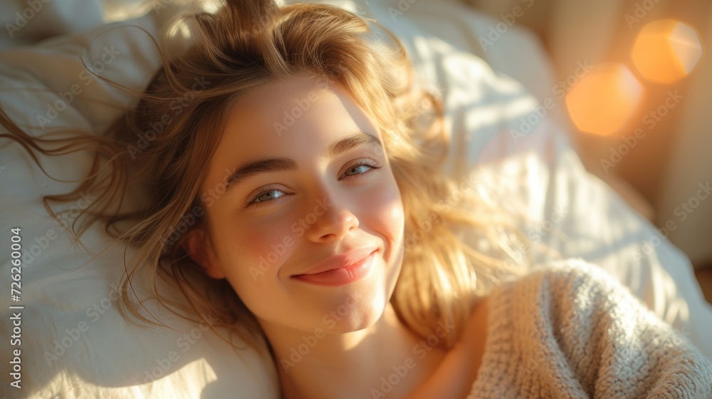 Morning Serenity: Young Woman Lying in Sunlit Bed Morning Serenity: Young Woman Lying in Sunlit Bed