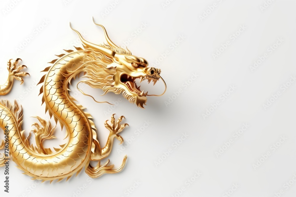 Golden dragon on white background with copy space, happy Chinese New Year