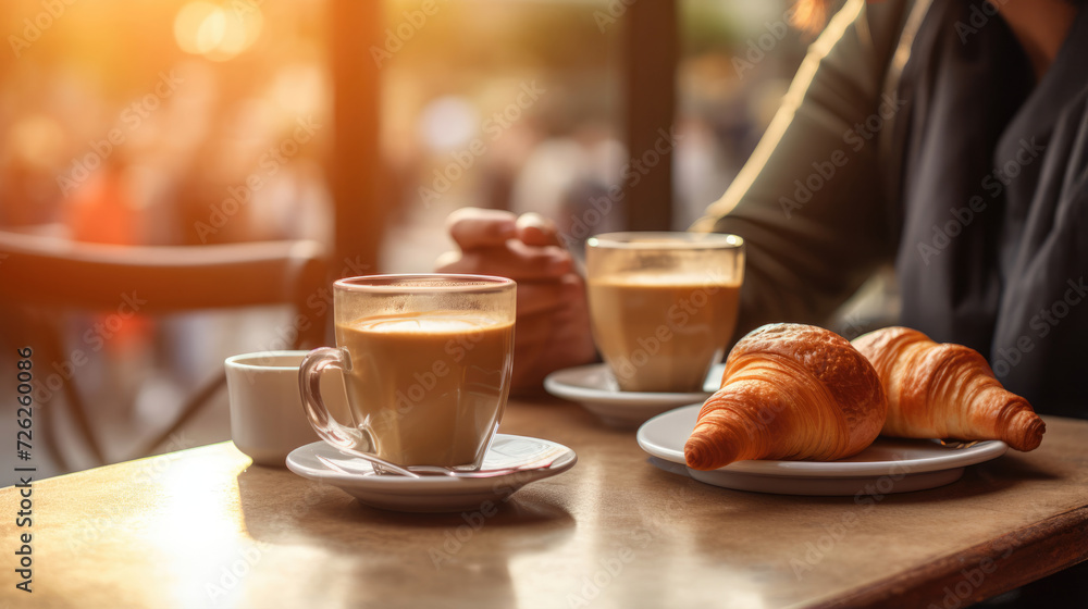 Paris, France: A couple enjoying croissants and café au lait for breakfast Paris, France: A couple enjoying croissants and café au lait for breakfast