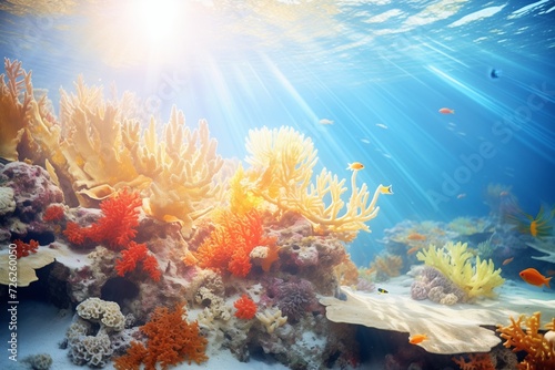 underwater sunbeam illuminating vibrant coral reef © primopiano
