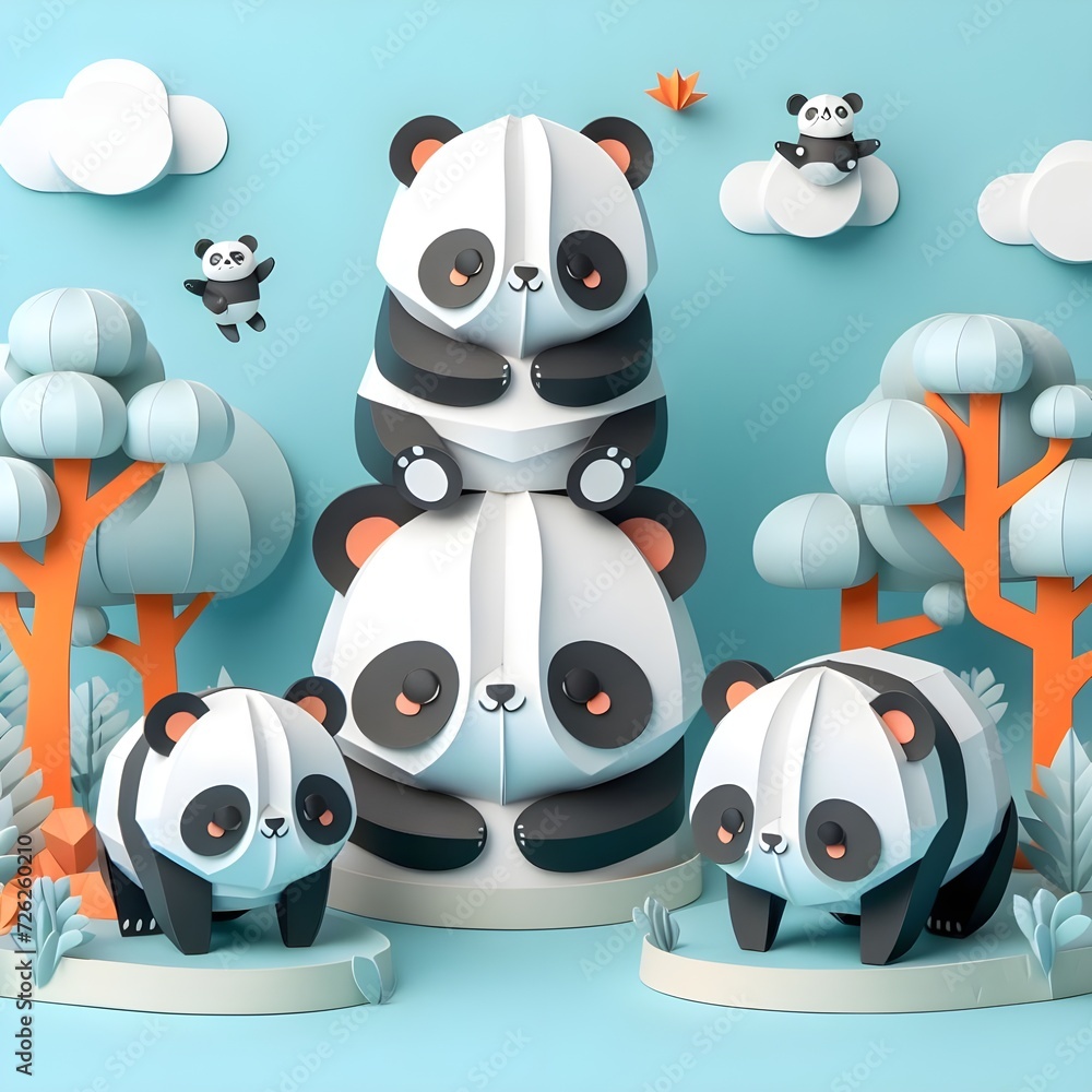 The cute and lovely pandas paper art, craft, surrealism, 3D digital art, simple background. Generative AI. The cute and lovely pandas paper art, craft, surrealism, 3D digital art, simple background. Generative AI.