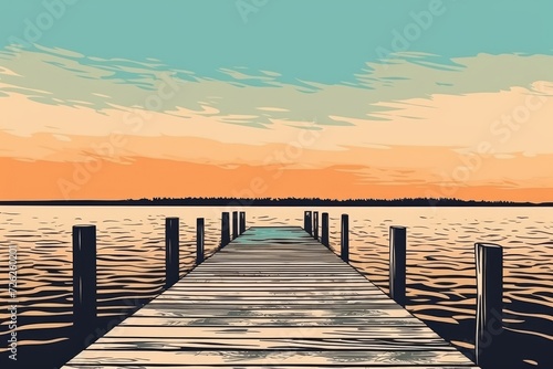 Halftone color wooden pier with copy space, abstract landscape.