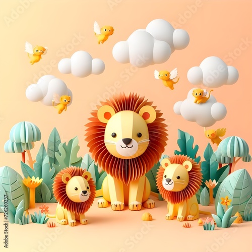 The cute and lovely lions paper art, craft, surrealism, 3D digital art, simple background. Generative AI.