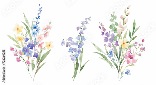 Beautiful floral bouquet illustrations set with watercolor hand drawn flowers. Stock clip art.