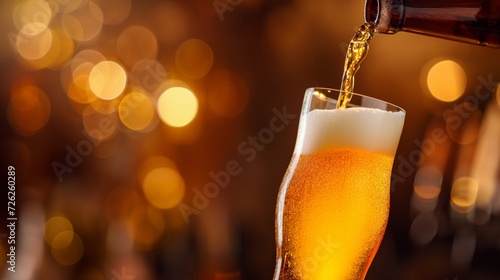 a glass with beer being poured with bokeh lights.