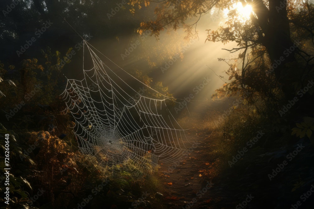 Glistening spider webs in morning sunlight. Net details silk drop web tone. Generate Ai