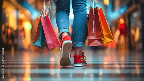 Close-up of a shopper's feet walking with multiple colorful shopping bags in a busy mall atmosphere.