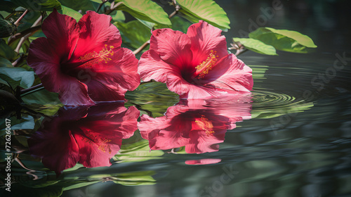 Hibiscus blooms reflected in a tranquil pond