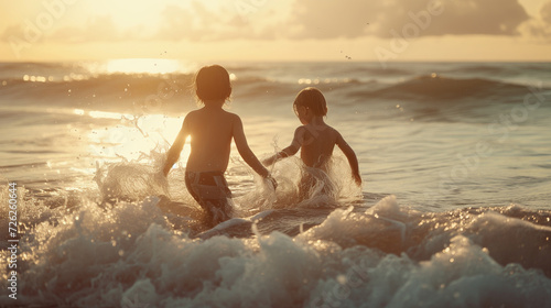 Photo of little kids running on the beaches on the waves playing having fun © Dmitrii