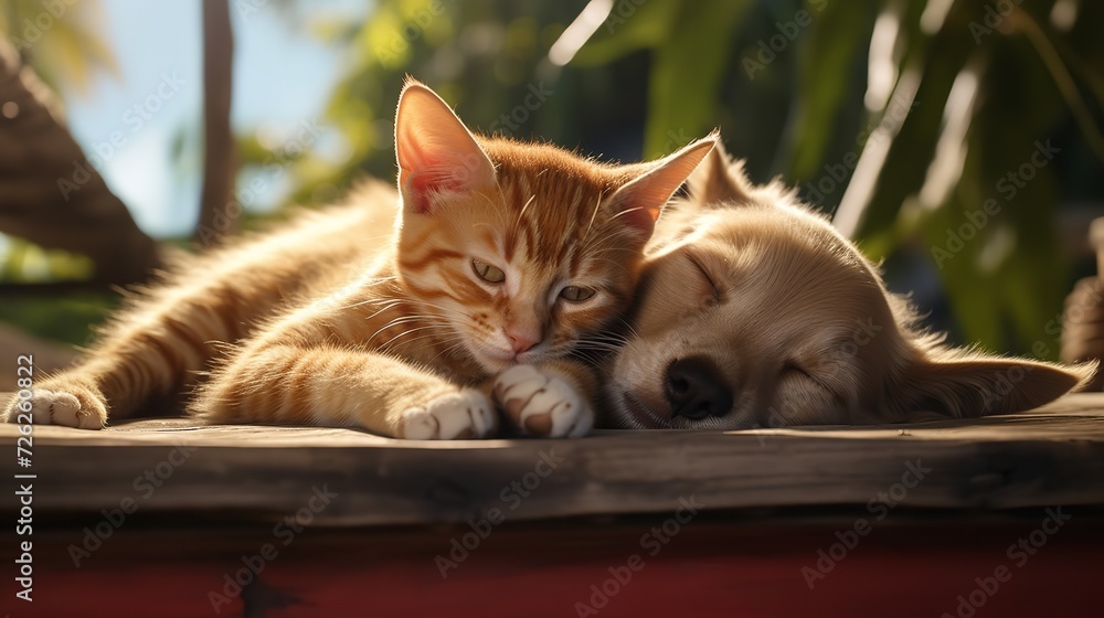 Cute Ginger Cat and Dog Sleeping Outdoors
Cute Ginger Cat and Dog Sleeping Outdoors