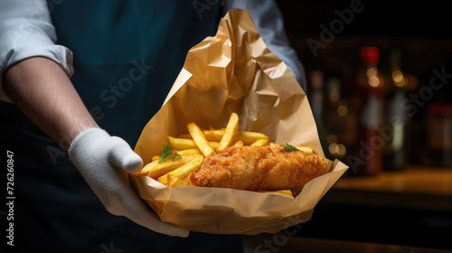 London,  UK: A delivery drivers hands carefully holding a bag of fish and chips photo