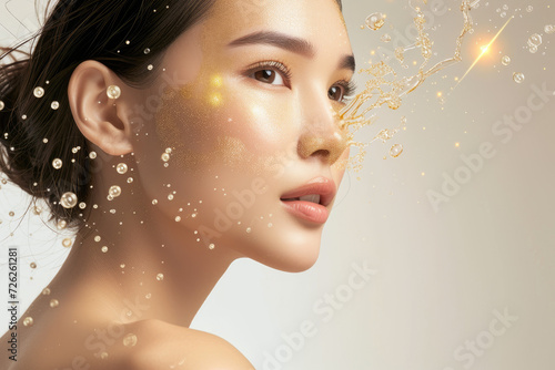 Beautiful Asian woman portrait with gold hydrating serum molecules structure on the face photo