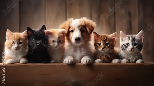 Cute Puppies and Kittens Peek Behind a Wooden Fence