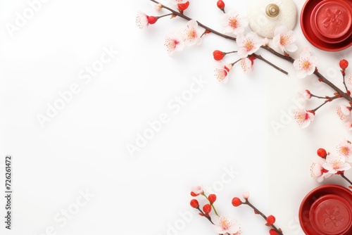 Chinese new year objects on white background with copy space. Spring flat lay