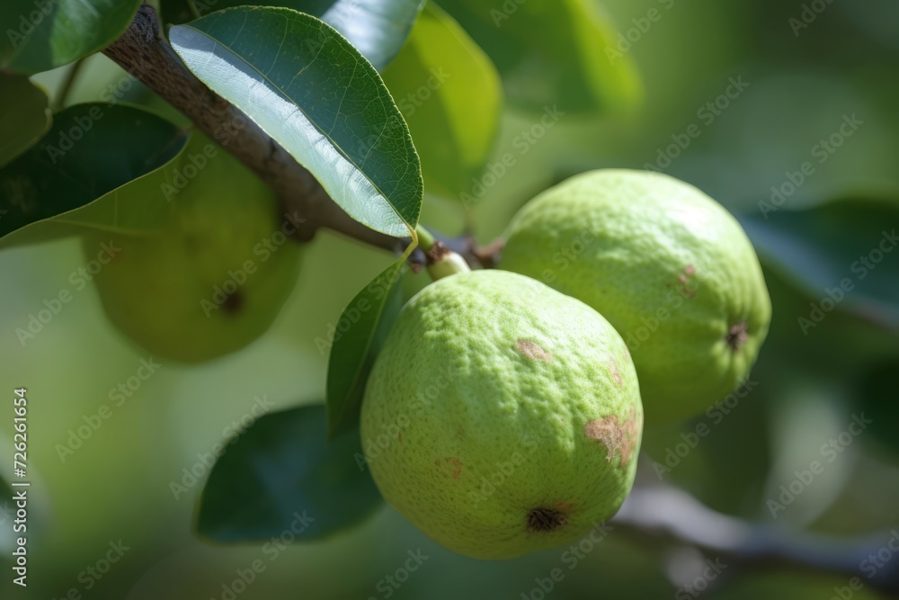 Guava fruit tree. Delicious and vitamins food with green color and leaves. Generate AI Guava fruit tree. Delicious and vitamins food with green color and leaves. Generate AI