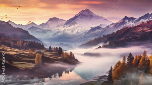 autumn mountains at sunrise. sunrise in the mountains. seamless looping overlay 4k virtual video animation background  photo