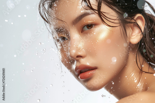 Beautiful Asian woman portrait with gold hydrating serum molecules structure on the face photo