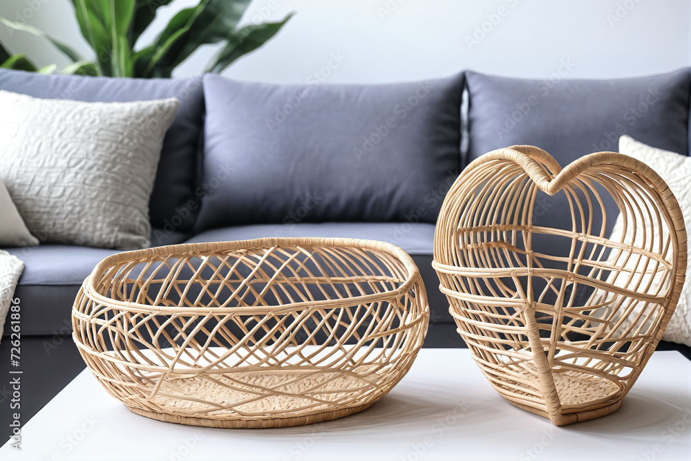 Fototapeta premium Rattan handmade craft on the white table. 