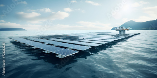 Side view of solar panels floating on water in a lake, for generating electricity from sunligh AI Generative