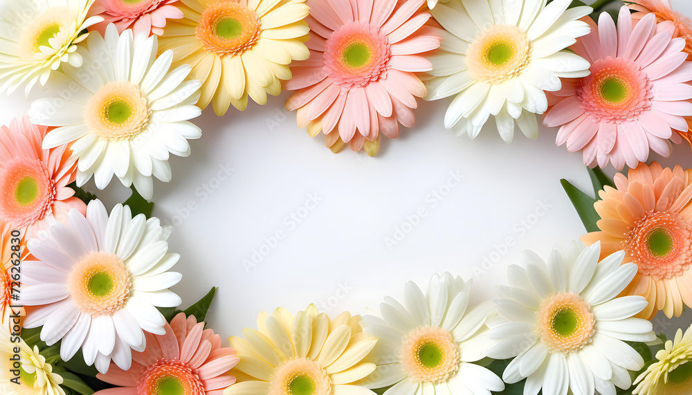 Obraz premium A bouquet of gerbera flowers in pale pastel colors. Spring image. Design for message cards with blank spaces for Easter, birthdays, anniversaries, Mother's Day, birthdays, celebrations, etc.