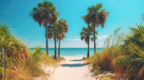 A sandy beach path flanked by towering palm trees leading to the ocean..  © Nim