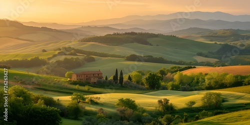 Wallpaper Mural Serene tuscan hills at sunrise, gentle light bathing rolling landscape. idyllic rural tranquility. perfect for travel, nature themes. AI Torontodigital.ca